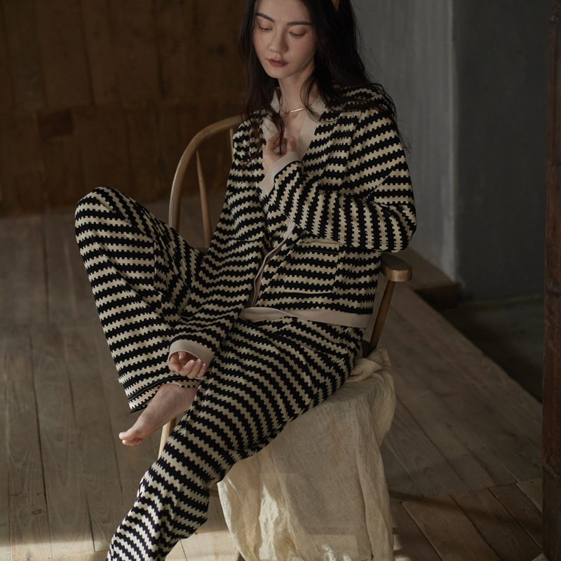 同语  睡衣女春秋季柔软棉套装时尚条纹可外穿小香风家居服女士 家居套装 女款 参差黑白条纹