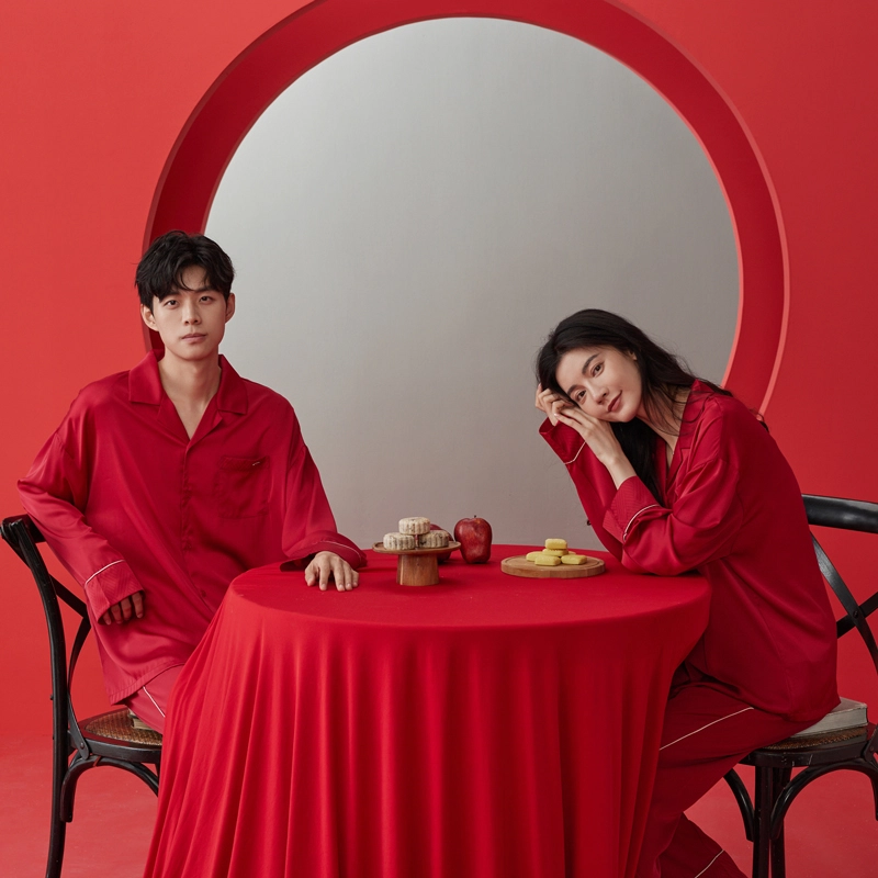 同语 红色睡衣春秋季冰丝长袖套装男士结婚喜庆家居服秋冬 家居套装 男款 大红 礼盒款
