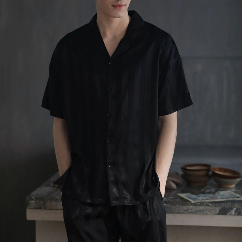 同语 男士垂感冰丝长袖长裤春秋睡衣男夏季短袖短裤家居服女情侣薄款仿真丝绸四季可穿两件套短袖长裤 家居套装 礼盒款 黑色