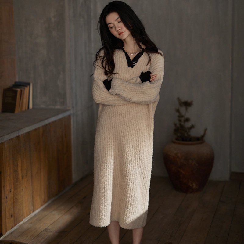 同语 睡裙女秋冬季珊瑚绒加厚长裙睡衣女士半边绒加绒可外穿家居服 家居连衣裙 稥杏色 女款
