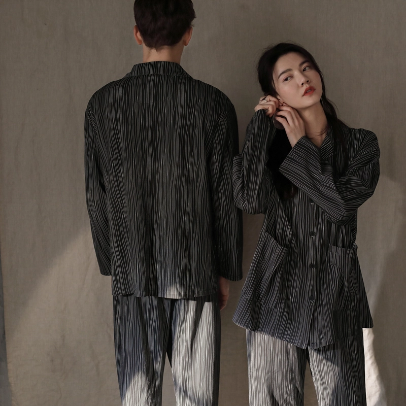 同语 情侣睡衣女春秋季纯棉薄款家居服男女全棉休闲韩版可外出套装 家居套装 情侣款 深灰色