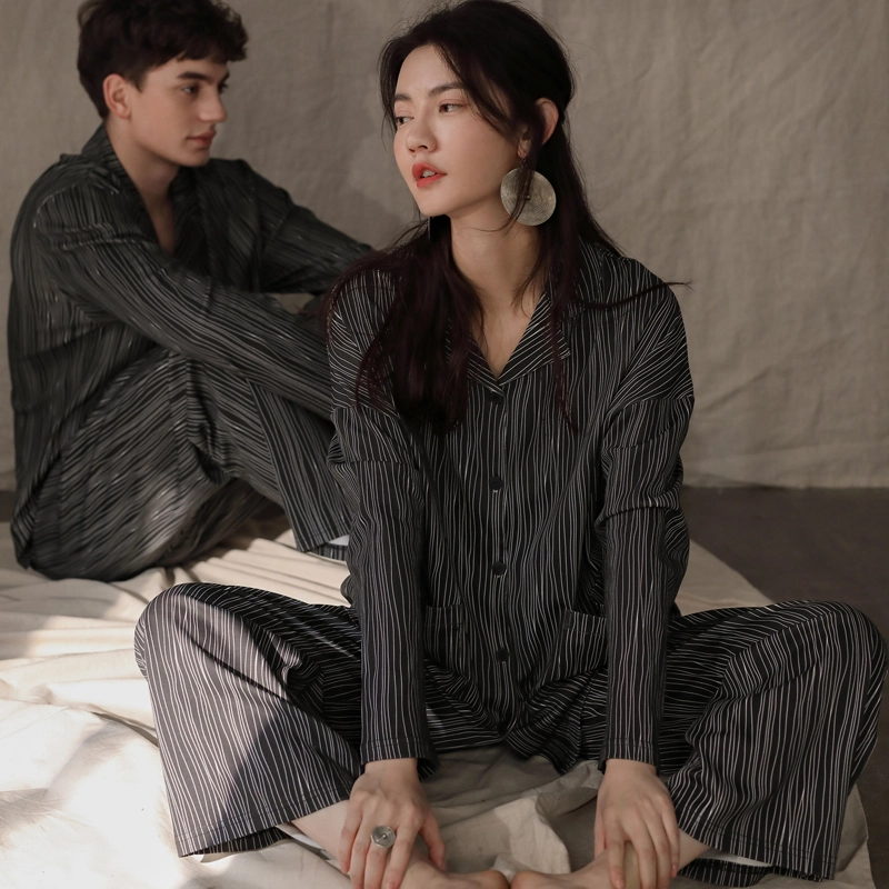 同语 情侣睡衣女春秋季纯棉薄款家居服男女全棉休闲韩版可外出套装 家居套装 情侣款 深灰色