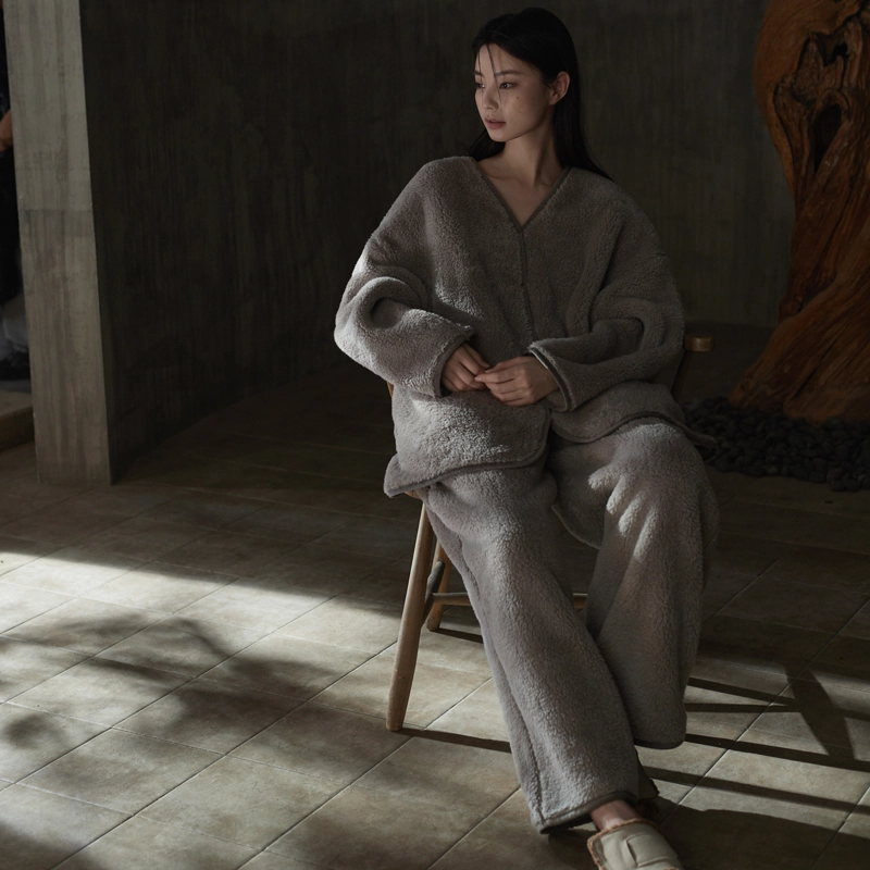 同语 睡衣珊瑚绒秋冬季家居服女士冬天休闲可外穿加厚款套装 家居套装 女款 薄墨灰