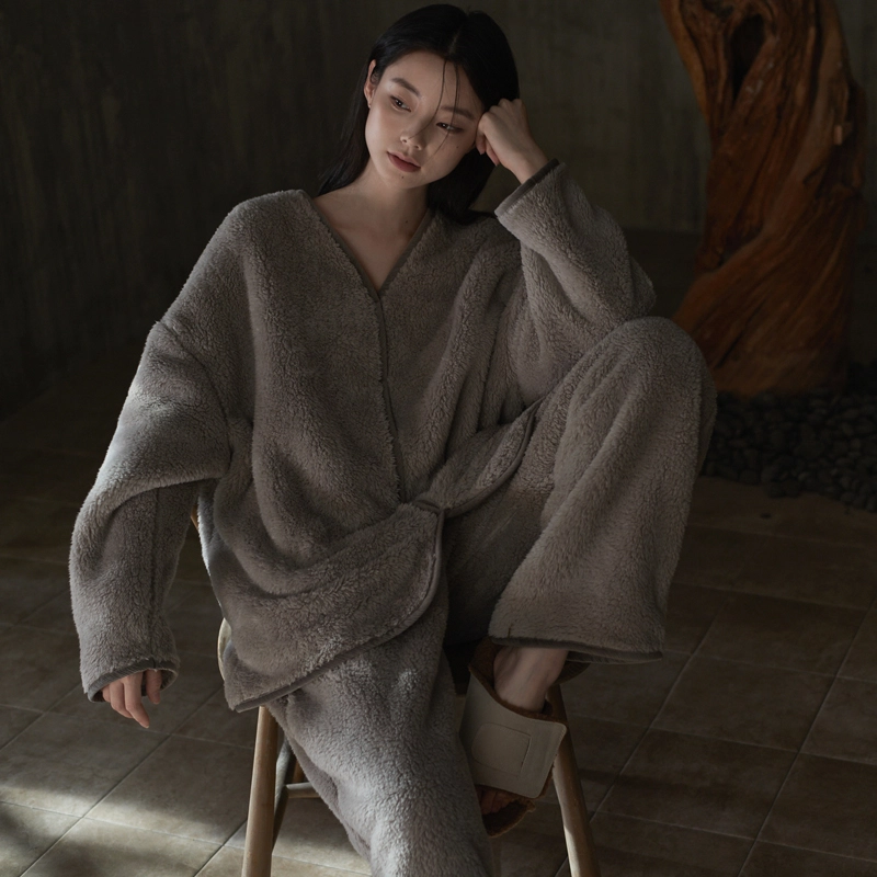 同语 睡衣珊瑚绒秋冬季家居服女士冬天休闲可外穿加厚款套装 家居套装 女款 薄墨灰