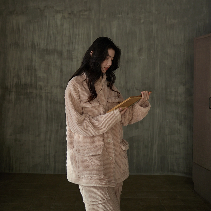 同语 珊瑚绒睡衣女加厚秋冬季女士家居服可外穿休闲套装冬天加绒款 家居套装 女款 月季粉
