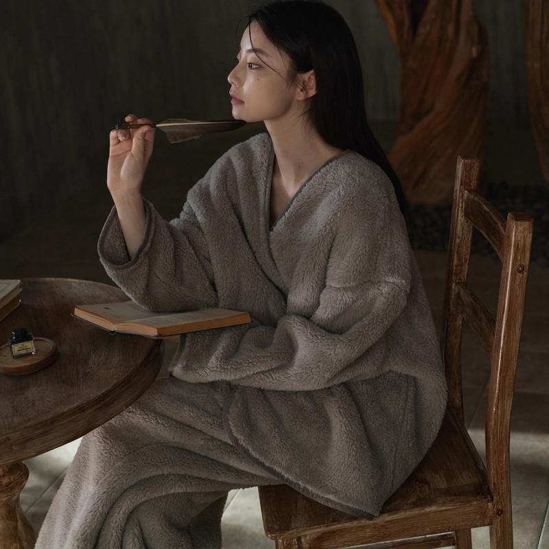 同语 睡衣珊瑚绒秋冬季家居服女士冬天休闲可外穿加厚款套装 家居套装 女款 薄墨灰