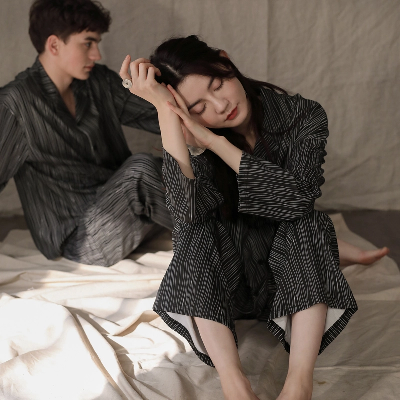同语 情侣睡衣女春秋季纯棉薄款家居服男女全棉休闲韩版可外出套装 家居套装 情侣款 深灰色