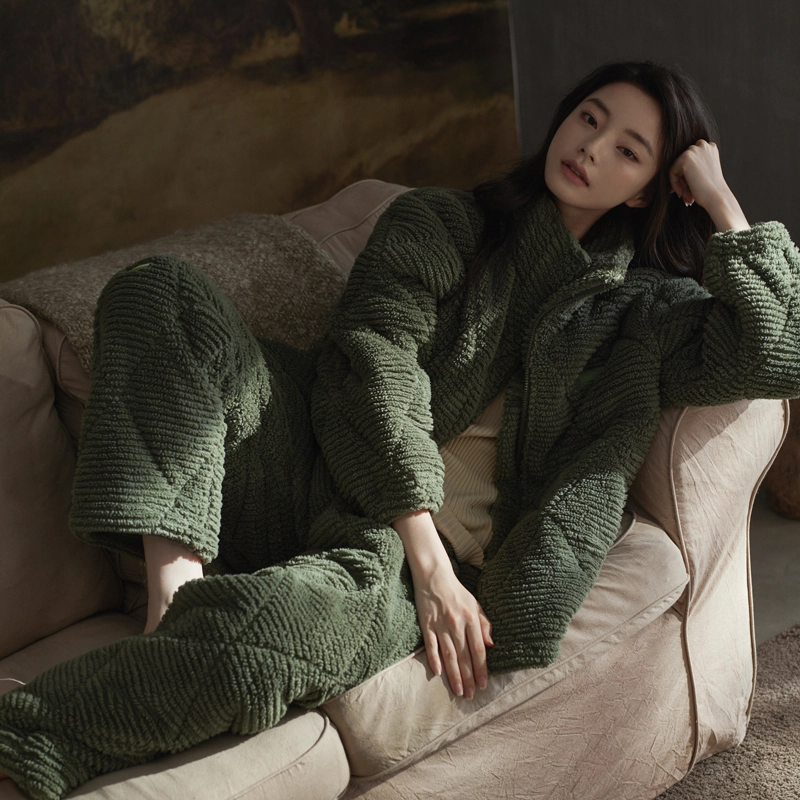 同语 睡衣三层夹棉珊瑚绒加厚冬季女士家居服法兰绒加绒可外穿套装 家居套装  女款  松绿