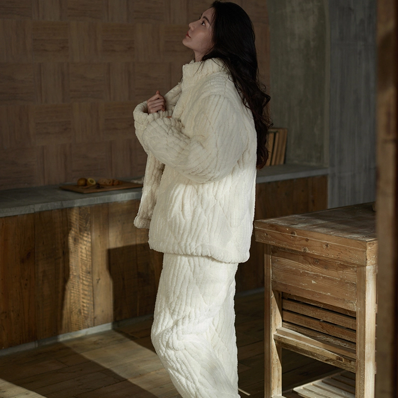 同语 寒冬保暖服 × 三层夹棉 睡衣女士秋冬季珊瑚绒三层夹棉加厚加绒套装冬天可外穿家居服 家居套装 女款 菊白色