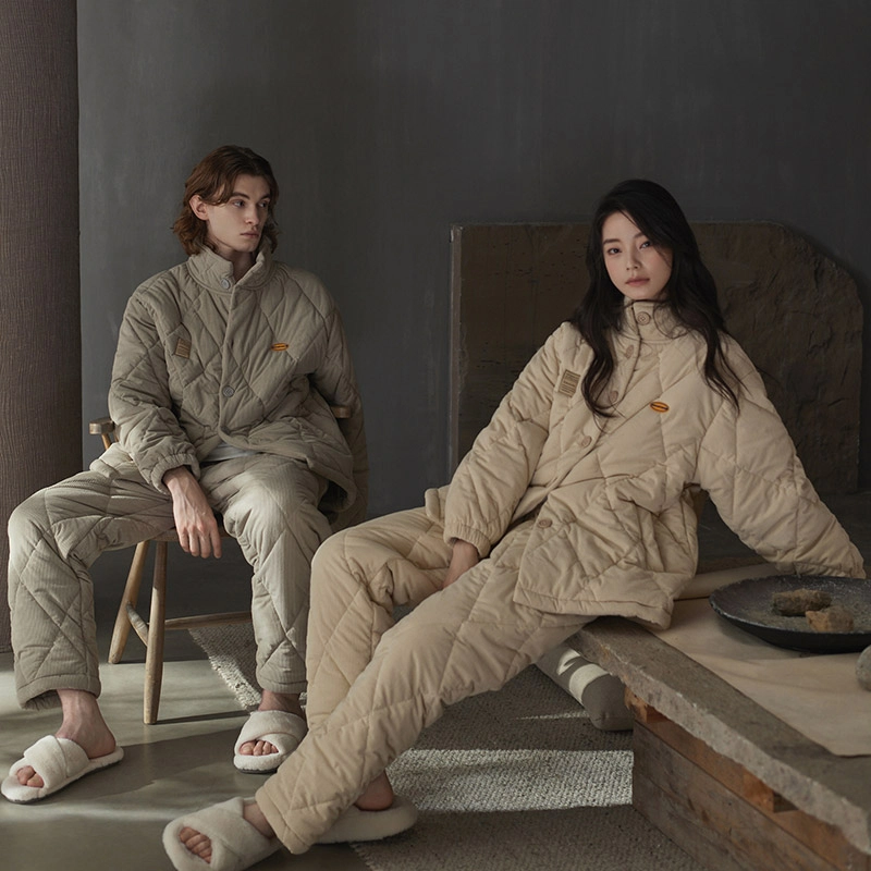 同语 寒冬保暖服 × 三层夹棉 情侣睡衣三层夹棉珊瑚绒加厚冬季套装加绒可外穿男女士家居服 家居套装 情侣款 杏色青玉案