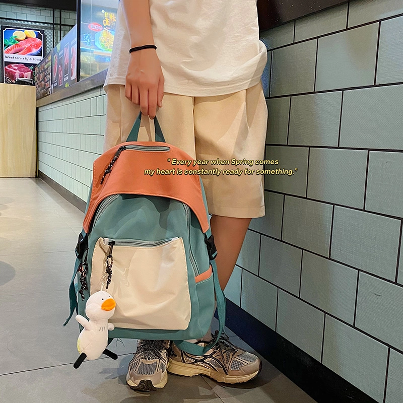 尼格尔新简约撞色书包女韩版尼龙初中高中小学生双肩包学院风大容量背包 多色