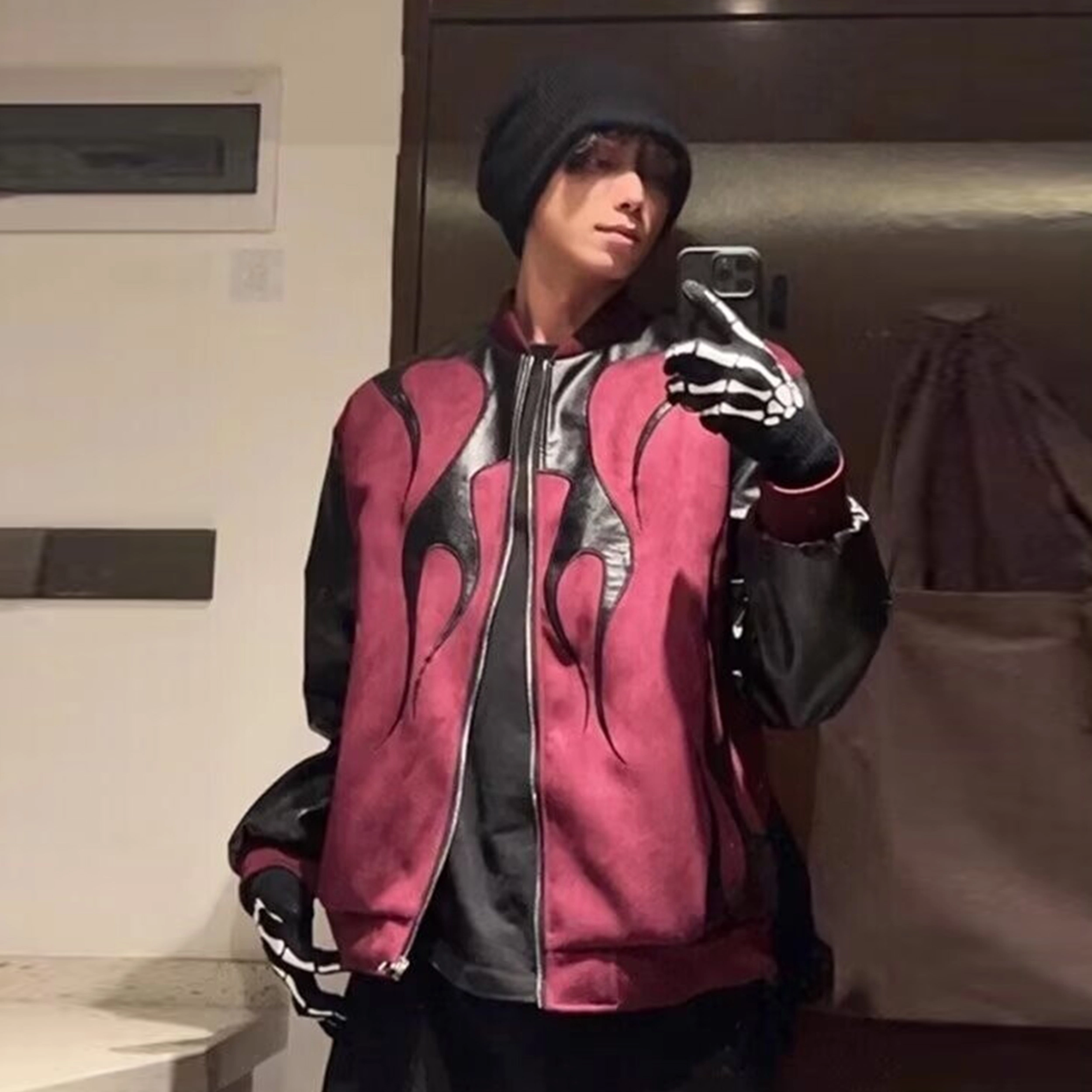 拾个壹先生  美式复古撞色拼接火焰图案个性嘻哈高级感休闲宽松外套棒球服 男女同款
