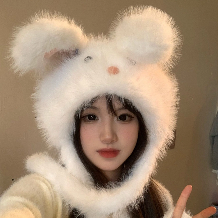 雅鹿优选 软萌可爱白色大耳朵腮红兔子女生秋冬纯欲风减龄保暖护耳帽 涤纶 绒线帽 女款