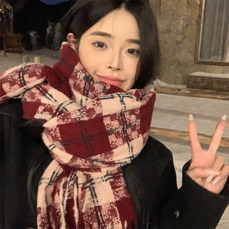 雅鹿优选 七彩丹霞氛围感格子围巾冬季高级感百搭格纹学生加厚保暖围脖 男女同款情侣款 礼盒装 绒线围巾 男女同款情侣款