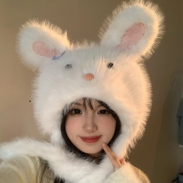 雅鹿优选 软萌可爱白色大耳朵腮红兔子女生秋冬纯欲风减龄保暖护耳帽 涤纶 绒线帽 女款