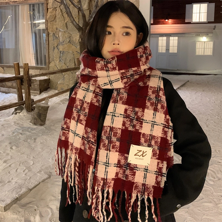 雅鹿优选 七彩丹霞氛围感格子围巾冬季高级感百搭格纹学生加厚保暖围脖 男女同款情侣款 礼盒装 绒线围巾 男女同款情侣款