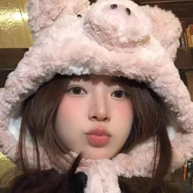 雅鹿优选 超可爱粉色小猪猪毛绒绒帽子女生冬季保暖护耳甜美套头帽户外雷锋帽 涤纶 绒线帽 女款