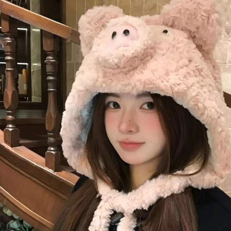 雅鹿优选 超可爱粉色小猪猪毛绒绒帽子女生冬季保暖护耳甜美套头帽户外雷锋帽 涤纶 绒线帽 女款