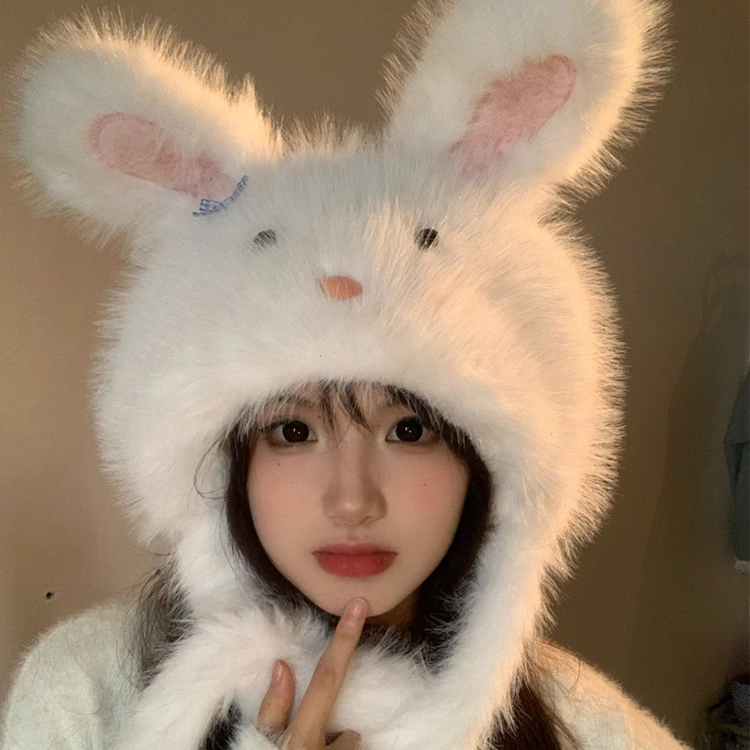 雅鹿优选 软萌可爱白色大耳朵腮红兔子女生秋冬纯欲风减龄保暖护耳帽 涤纶 绒线帽 女款