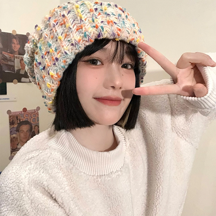 雅鹿优选 秋冬百搭毛线帽子女生大头围显脸小堆堆帽彩虹混色保暖针织套头冷帽绒线帽 涤纶 绒线帽 女款