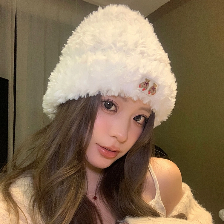 雅鹿优选 糯叽叽可爱小熊毛线帽女生冬季柔软亲肤保暖护耳针织帽甜美百搭绒线帽 涤纶 绒线帽 女款