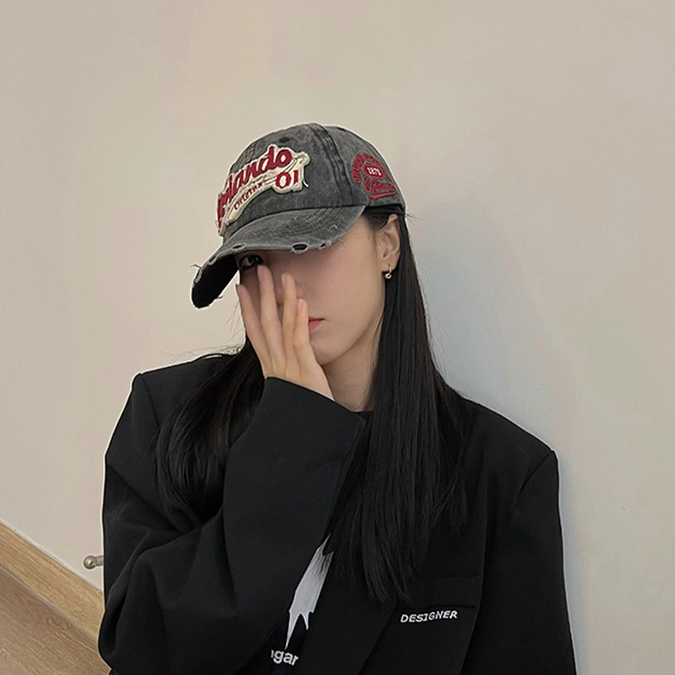 雅鹿优选 美式做旧刺绣字母破洞街头潮流牛仔遮阳防晒大头围显脸小 聚酯纤维 鸭舌帽 男女同款情侣款