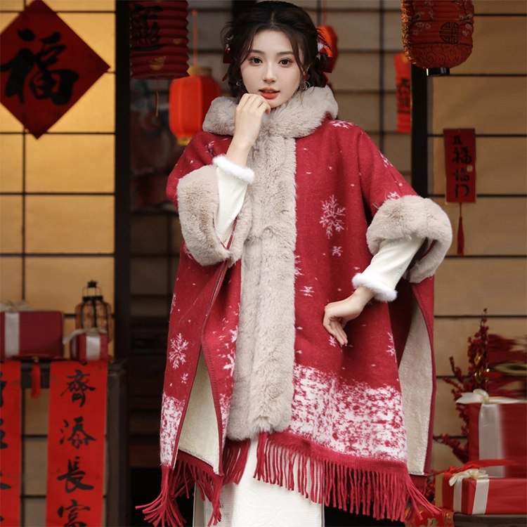 【新年圣诞氛围】 雅鹿优选 双面加绒加厚连帽斗篷冬季百搭保暖毛绒披肩新中式毛领外搭旗袍日常时尚大披风 礼盒装 披肩 女款