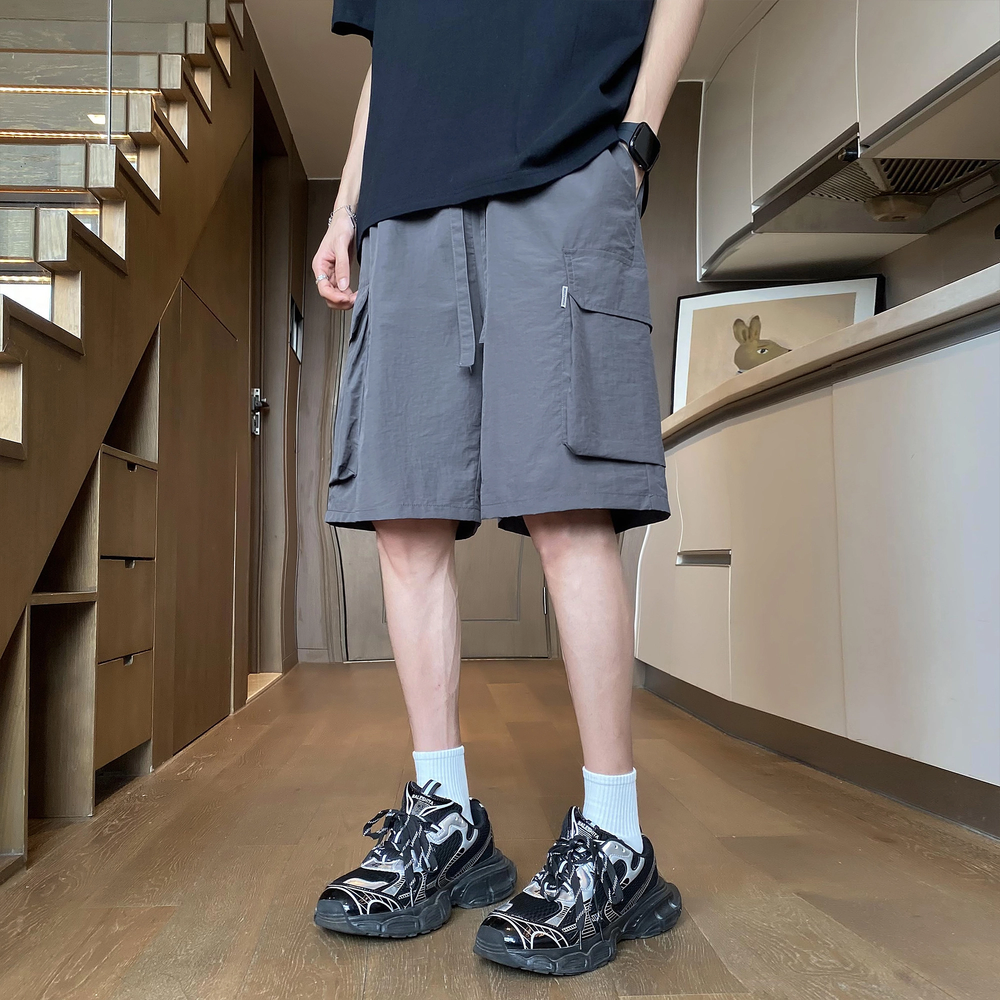 徐太浪 纯色基础款速干工装大口袋中腰宽松五分休闲短裤 男女同款