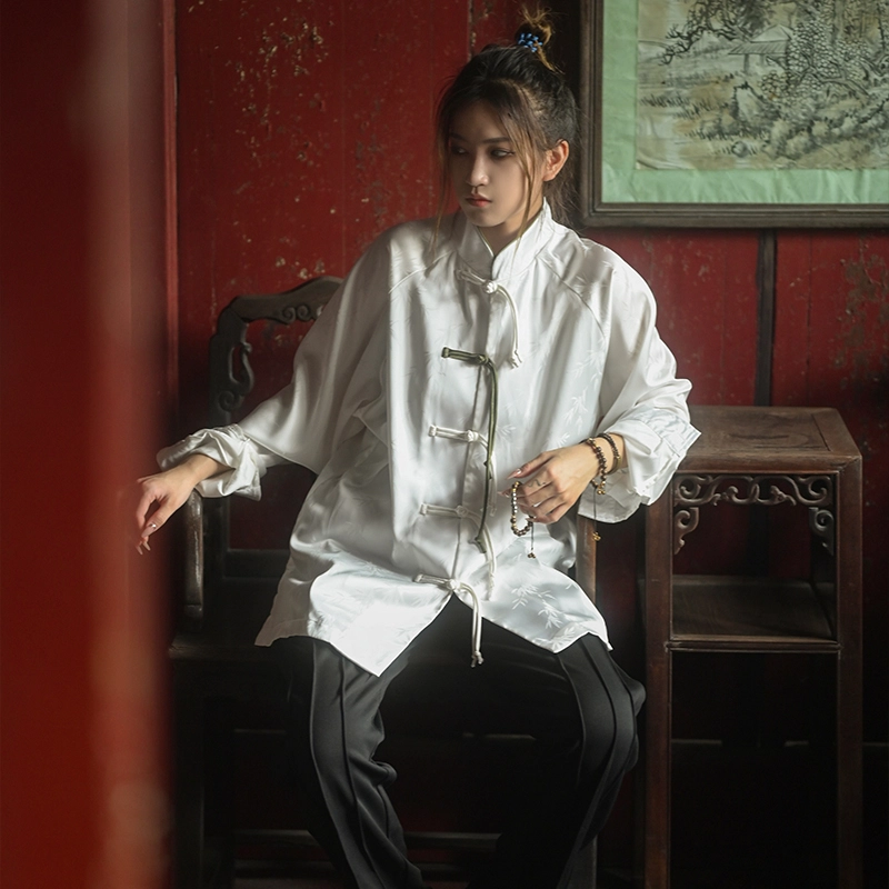 三省六部 【将五进一·长袖】中国风春秋竹叶提花长袖盘扣衬衫 男女同款