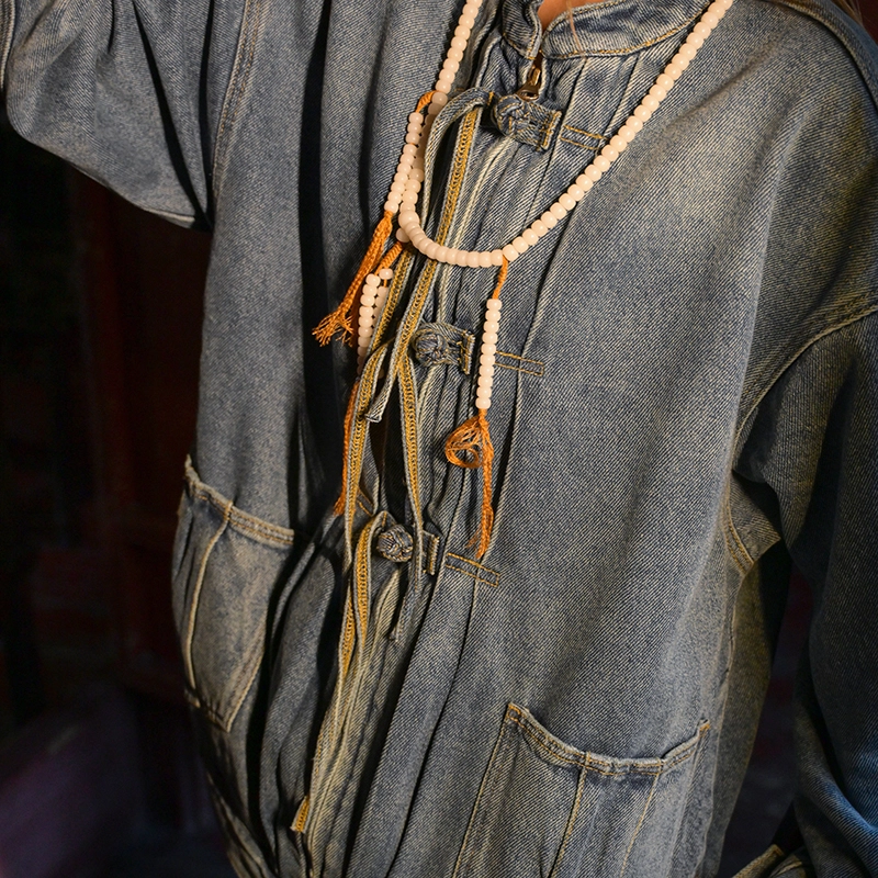 三省六部 国风做旧无帽立领可脱卸破坏牛仔唐装羽绒服 男女同款 水洗复古蓝