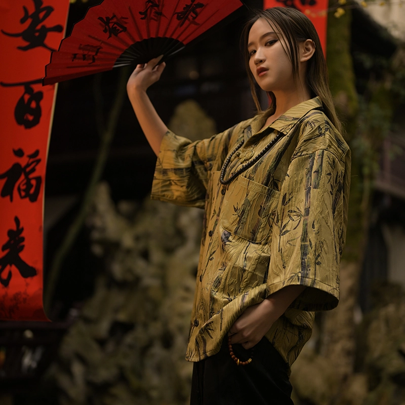 三省六部 九紫离火高奢竹叶中国风盘扣古巴领短袖衬衫 男女同款