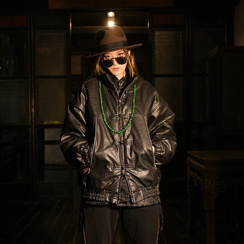 三省六部 新中式国风鳄鱼盘扣机车皮衣保暖加棉棉服 男女同款 黑色