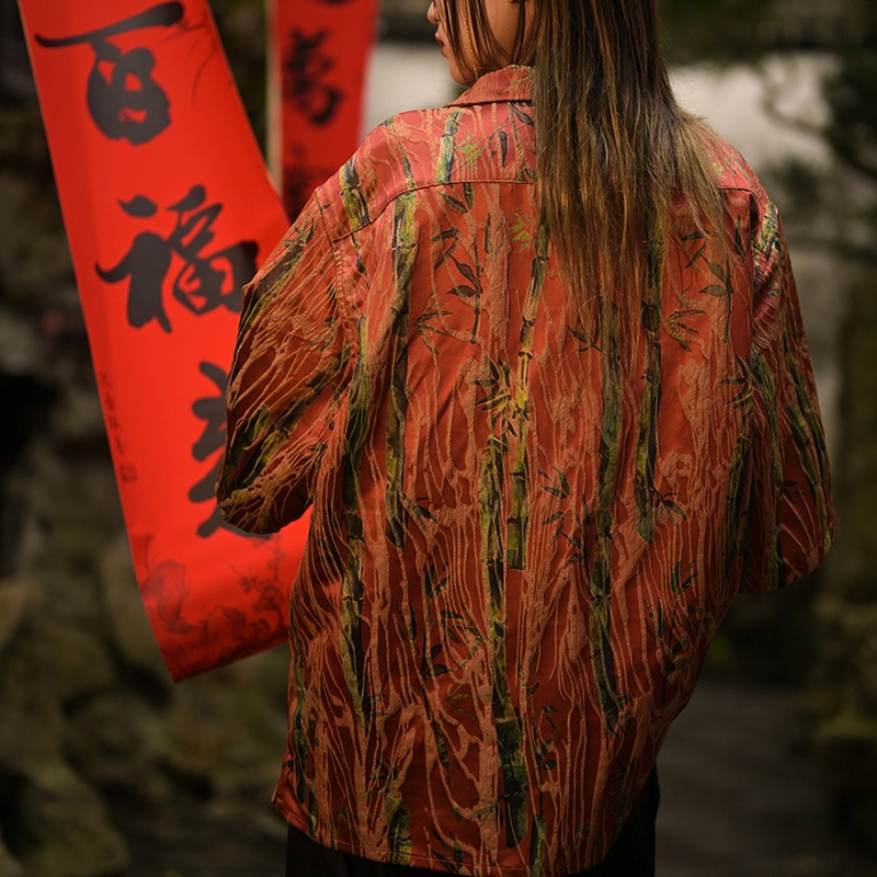 三省六部 九紫离火高奢竹叶中国风盘扣古巴领短袖衬衫 男女同款