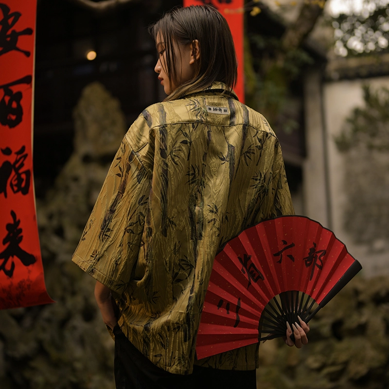 三省六部 九紫离火高奢竹叶中国风盘扣古巴领短袖衬衫 男女同款