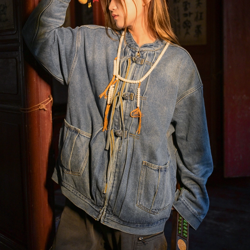 三省六部 国风做旧无帽立领可脱卸破坏牛仔唐装羽绒服 男女同款 水洗复古蓝