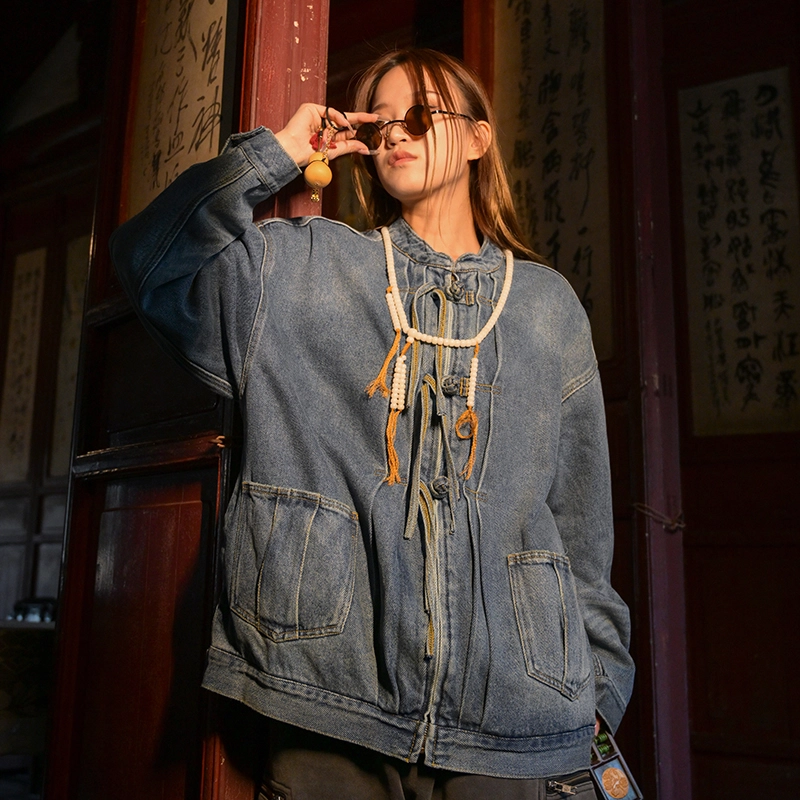 三省六部 国风做旧无帽立领可脱卸破坏牛仔唐装羽绒服 男女同款 水洗复古蓝