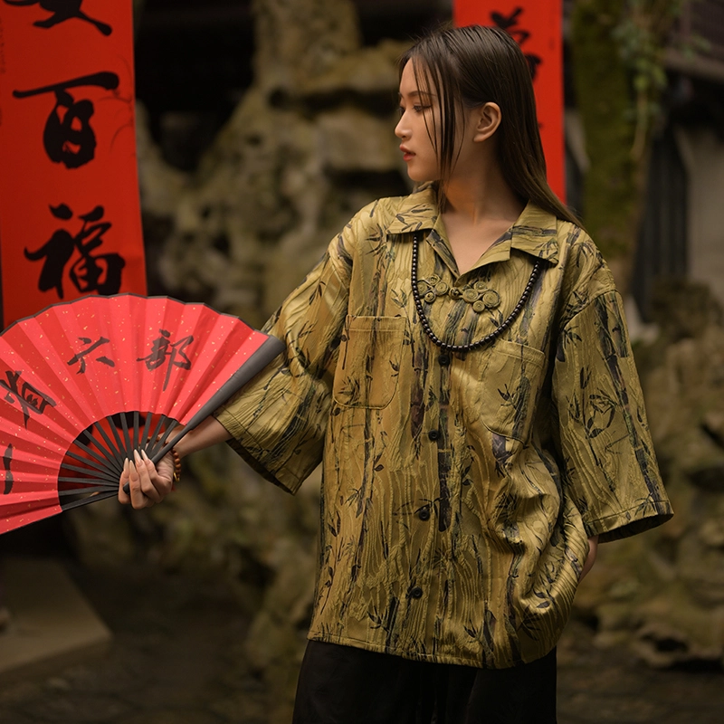三省六部 九紫离火高奢竹叶中国风盘扣古巴领短袖衬衫 男女同款