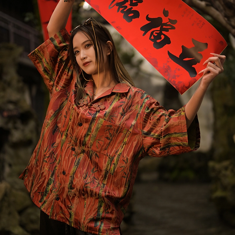 三省六部 九紫离火高奢竹叶中国风盘扣古巴领短袖衬衫 男女同款