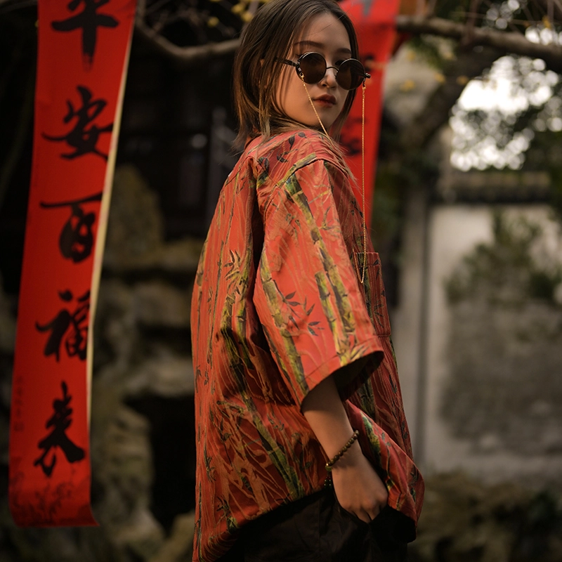 三省六部 九紫离火高奢竹叶中国风盘扣古巴领短袖衬衫 男女同款