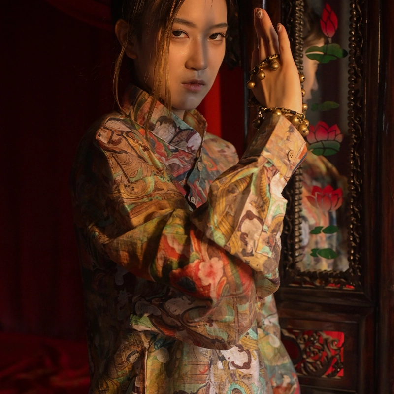 三省六部 苎麻敦煌印花立领斜襟薄款内搭中衣长袖衬衫 男女同款 花色