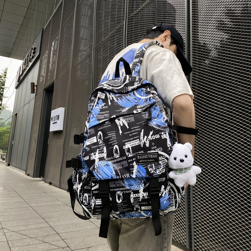 辛巴赫 时尚印花日常搭配外出旅游通勤背包时尚潮流大容量涂鸦印花书包 尼龙 双肩包 男女同款情侣款 多色