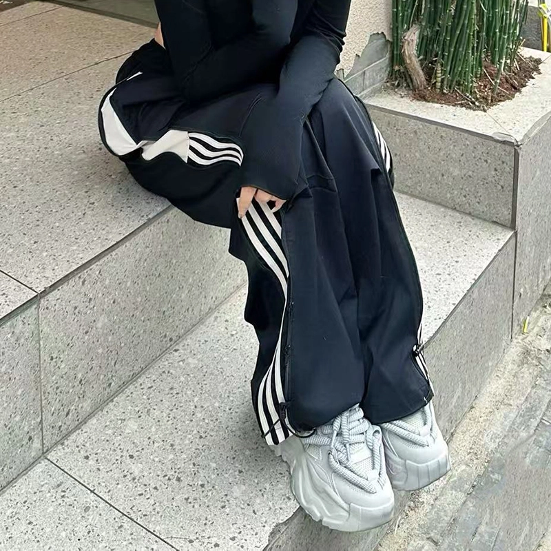 西行纪 侧边条纹拉链潮牌百搭冰丝透气潮流直筒速干长裤伞兵宽松休闲裤 男女同款