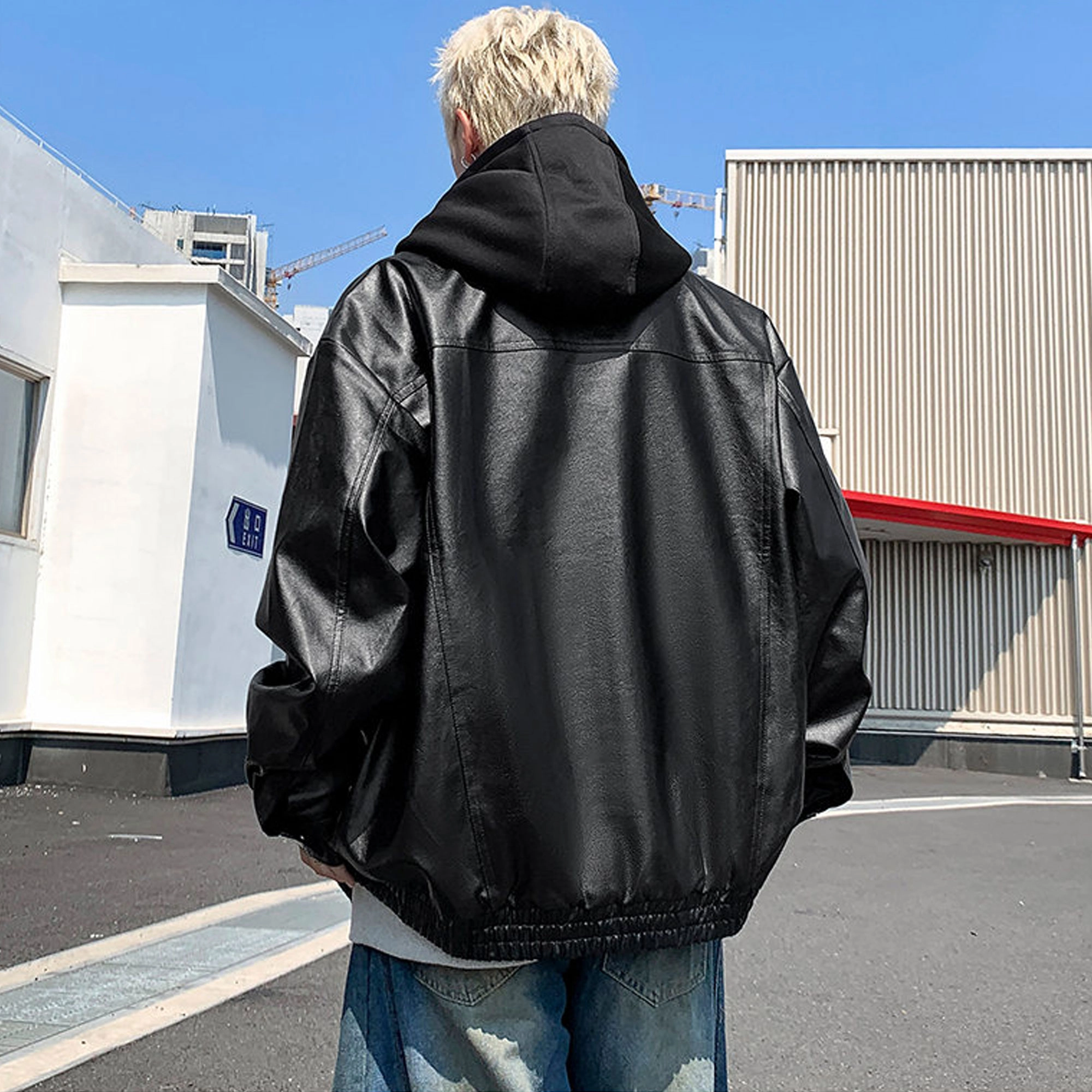 西行纪 美式高街机车服水洗扎染街头痞帅设计感可拆卸假两件连帽开衫宽松休闲舒适百搭高级感飞行员夹克外套 男女同款