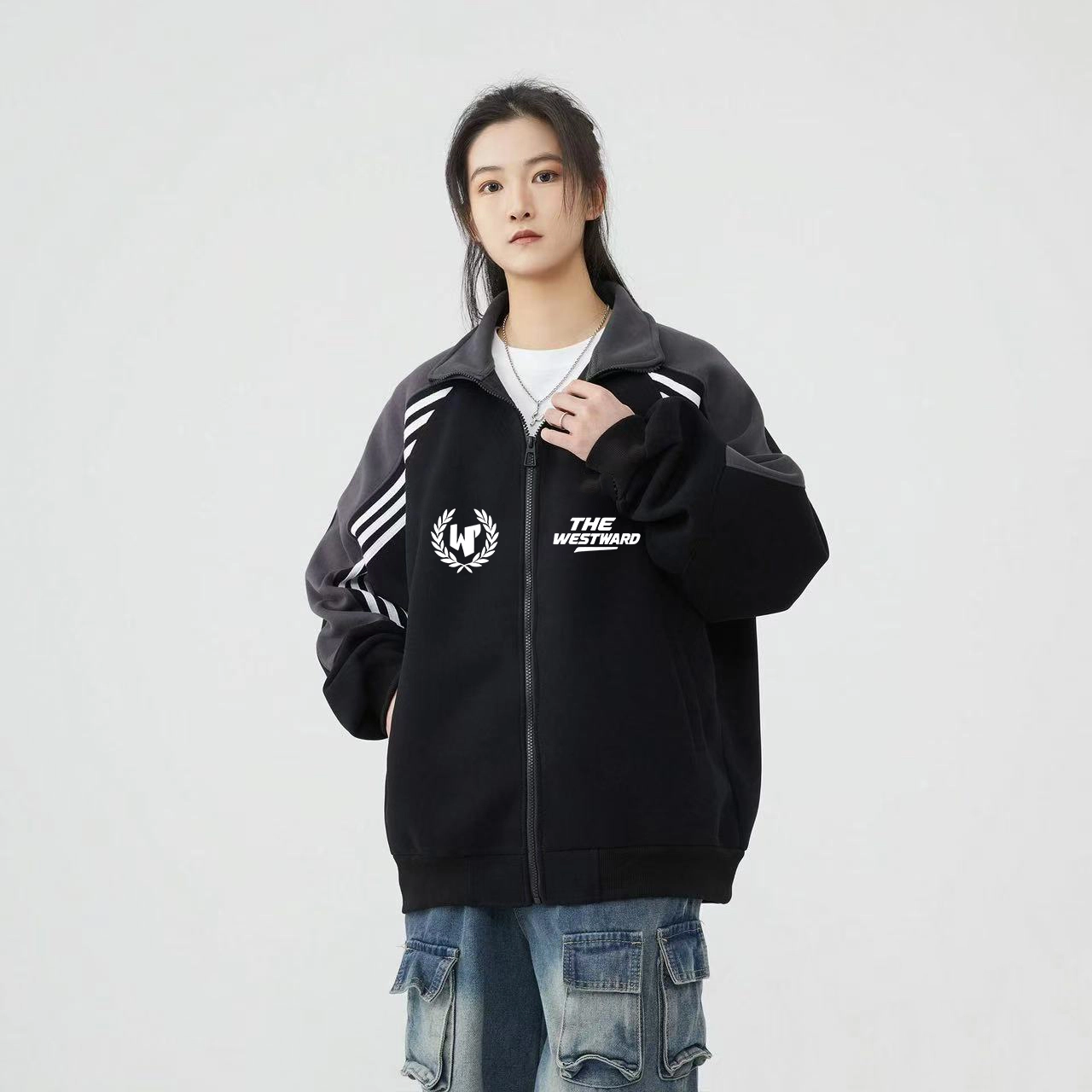 西行纪 美式高街设计感重磅连帽外套潮牌拉链运动通勤嘻哈三条杠撞色拼接上衣宽松休闲百搭舒适学院风简约学生经典开衫卫衣 男女同款