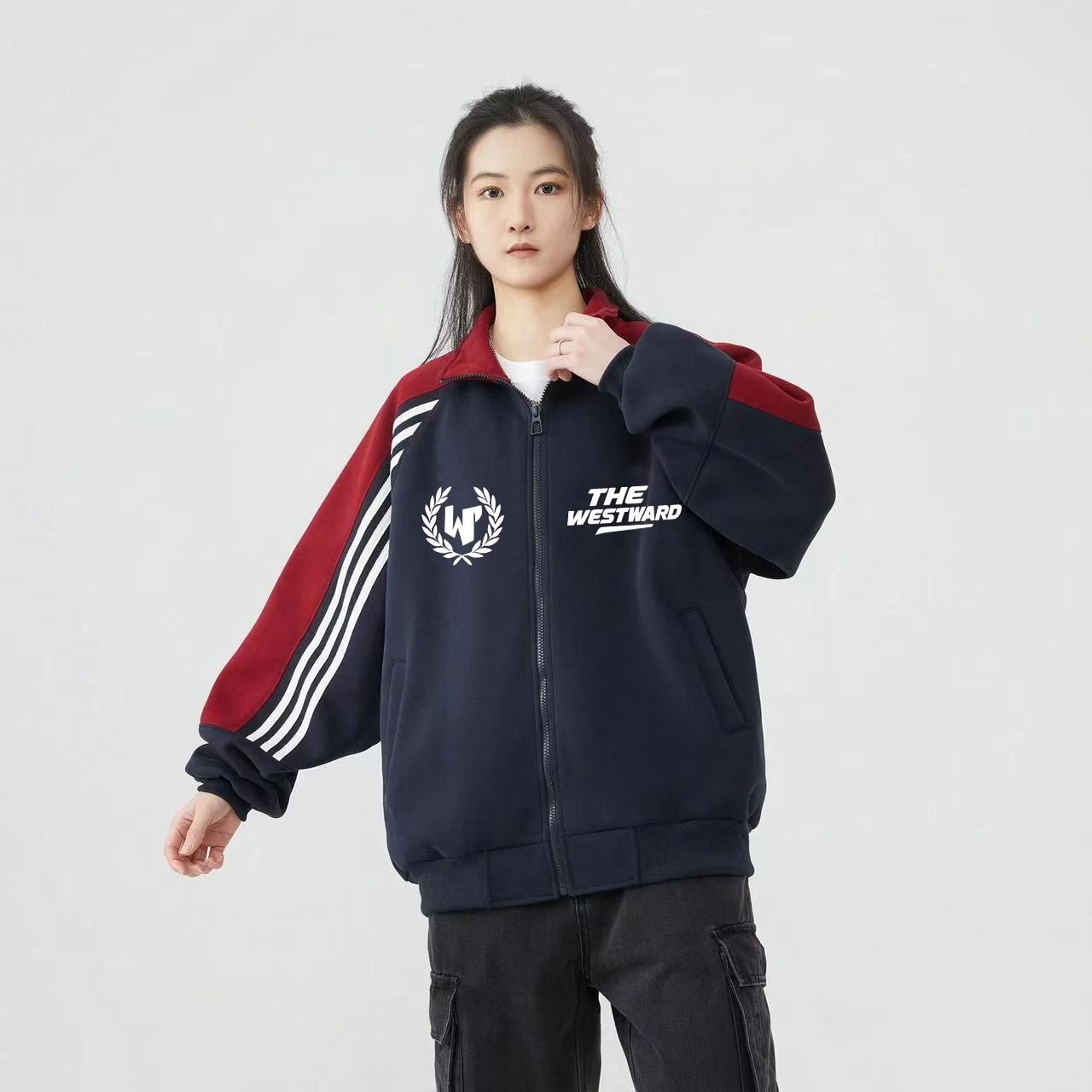 西行纪 美式高街设计感重磅连帽外套潮牌拉链运动通勤嘻哈三条杠撞色拼接上衣宽松休闲百搭舒适学院风简约学生经典开衫卫衣 男女同款