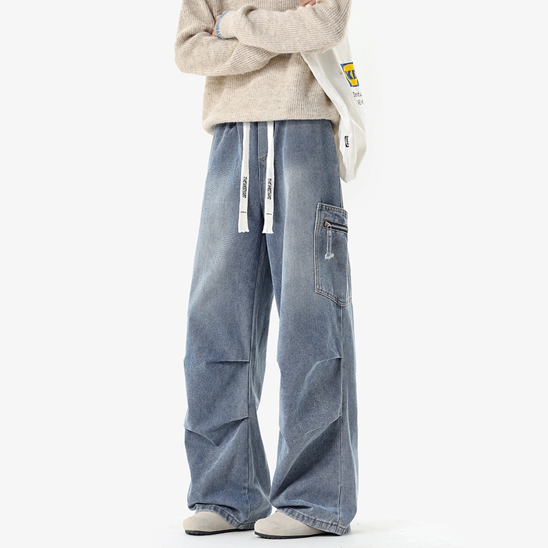 西行纪 美式复古高街春秋季褶皱品牌英文系带刺绣小众设计高级感休闲简约百搭痞帅显高显瘦长款直筒牛仔裤 男女同款