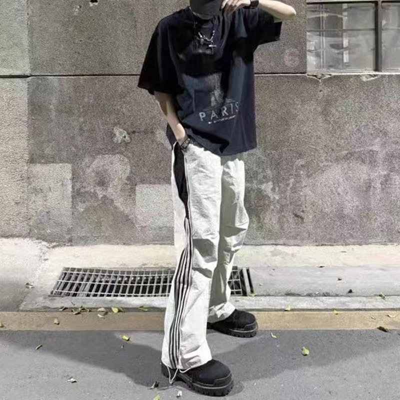 西行纪 侧边条纹拉链潮牌百搭冰丝透气潮流直筒速干长裤伞兵宽松休闲裤 男女同款