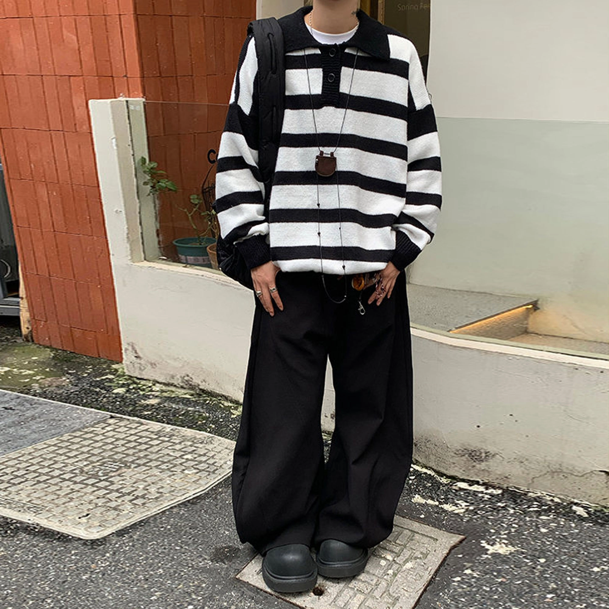 西行纪 美式复古设计感撞色条纹拼色软糯宽松舒适简约百搭休闲上衣慵懒感多巴胺色系日常穿搭保暖长袖翻领针织毛衣 男女同款