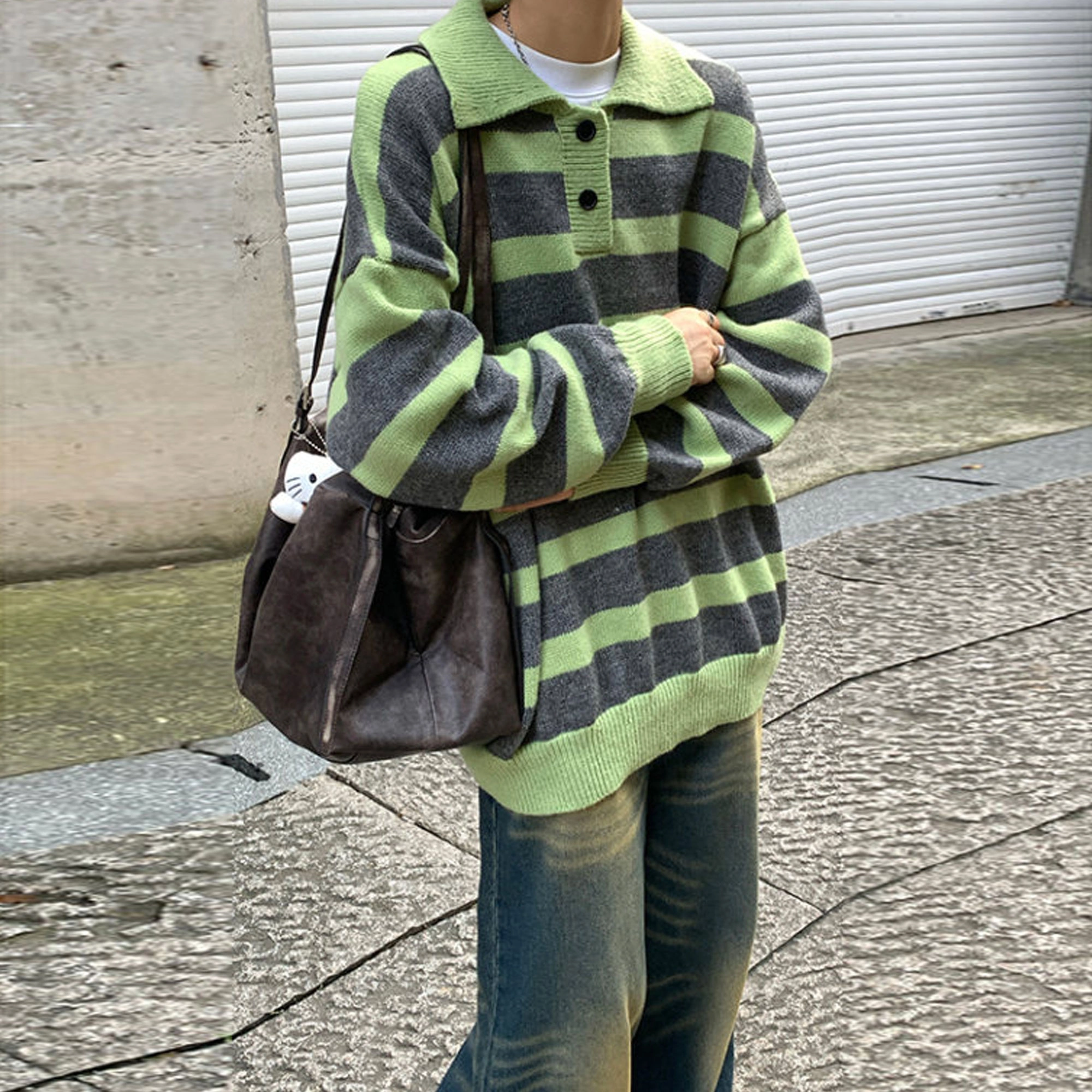 西行纪 美式复古设计感撞色条纹拼色软糯宽松舒适简约百搭休闲上衣慵懒感多巴胺色系日常穿搭保暖长袖翻领针织毛衣 男女同款