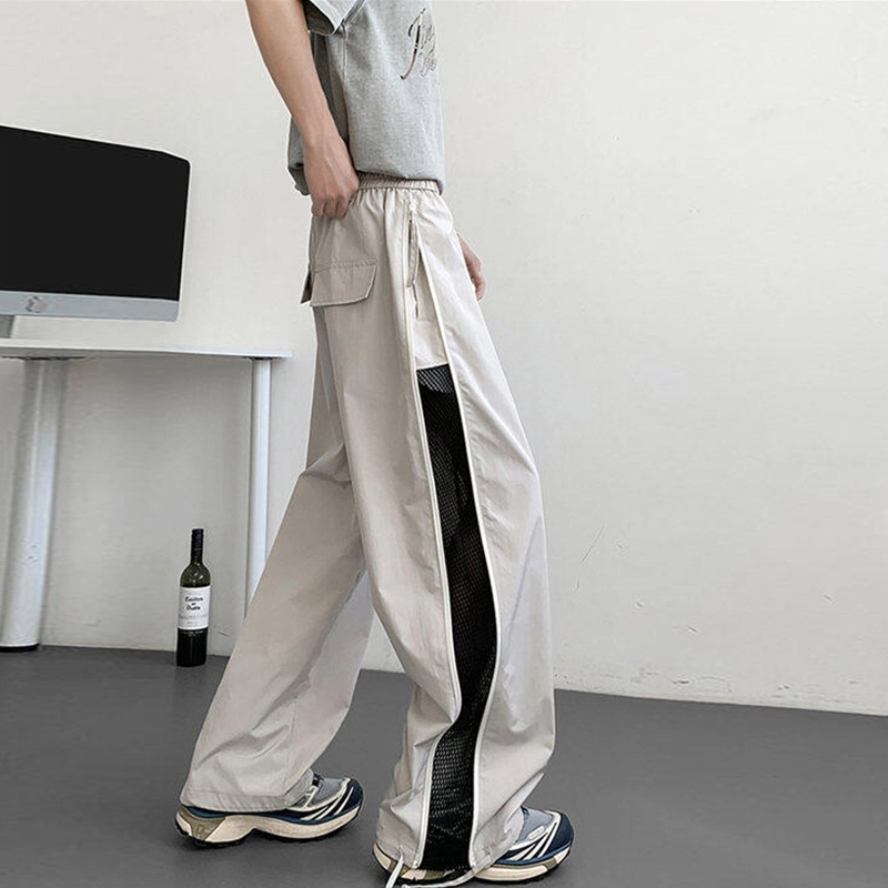 西行纪 美式高街设计感拼接结构款潮牌直筒裤宽松拖地裤百搭侧面拉链网眼打孔透气速干伞兵裤薄款运动休闲裤 男女同款